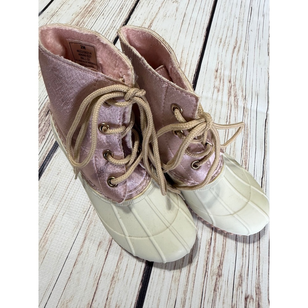 Outwoods Kids Pink Satin Faux Fur Lined Duck Boots Cream Shell Size 2Mā